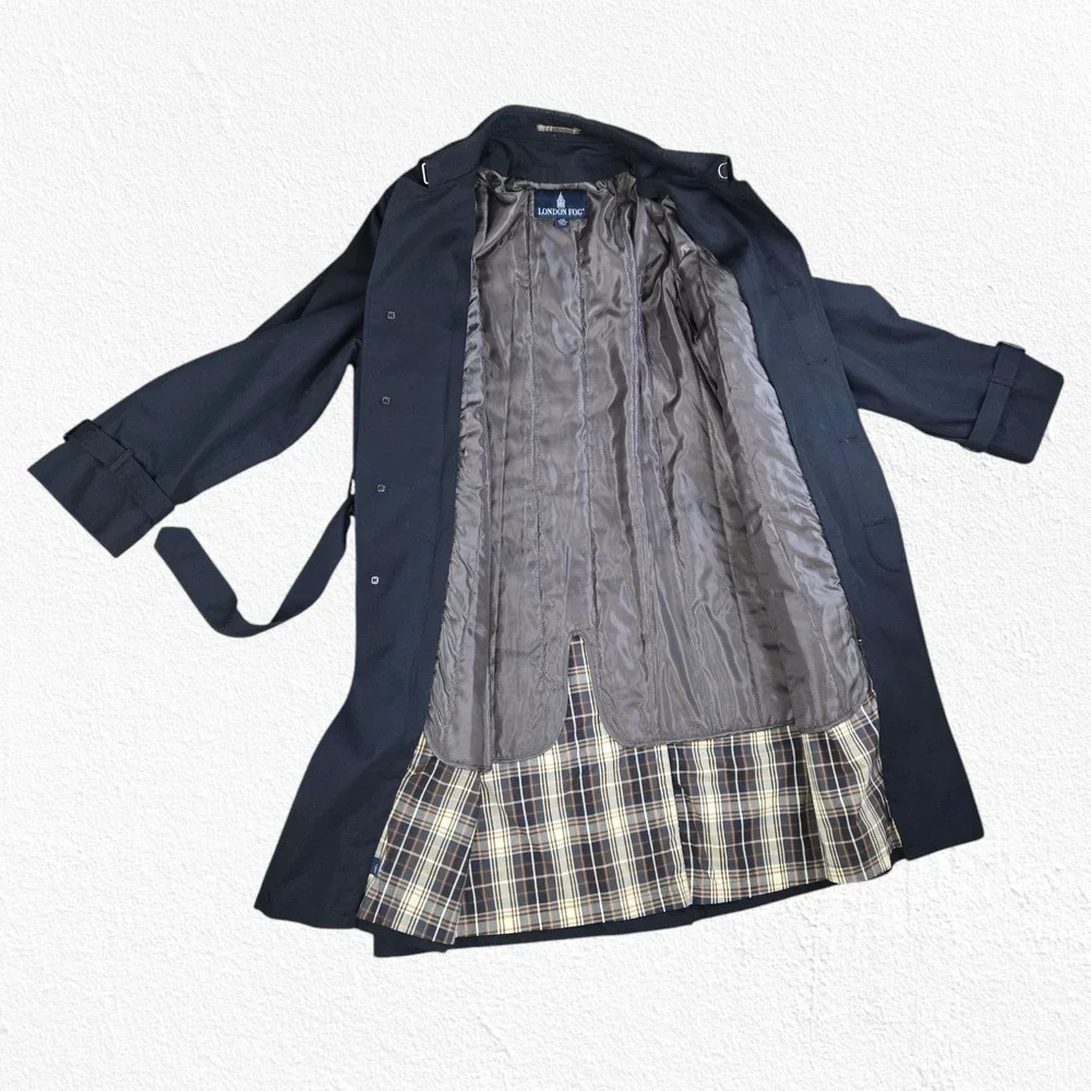 London Fog Navy Belted Trench Coat Plaid Removable Liner Jacket Size 42 Short